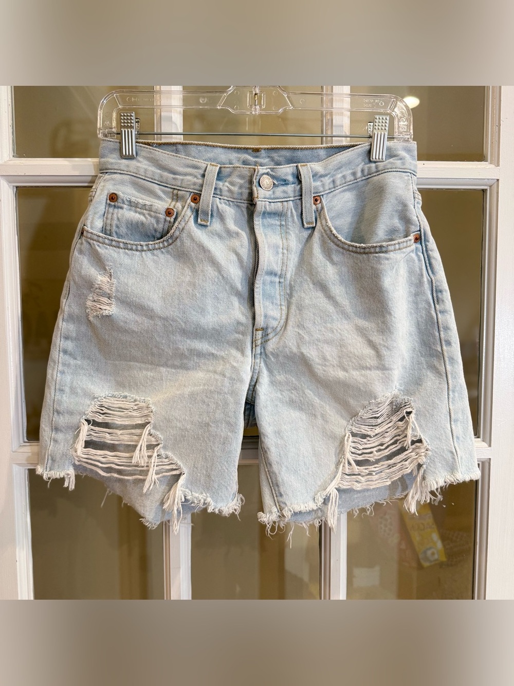 Levi's Light Blue Distressed 501 Women's Denim Shorts Raw Hem